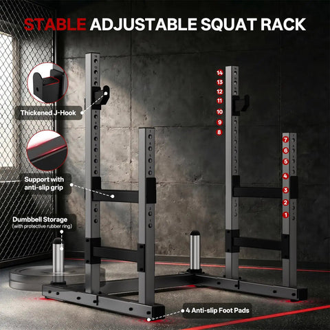 Beefy Adjustable Squat Power Rack With 2400 Lbs Capacity featuring thickened J-hooks and anti-slip grips in home gym setting.