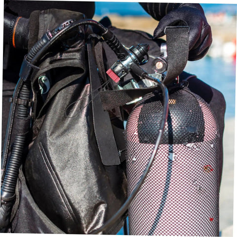 Scuba diver adjusting scuba tank with Scuba Tank Valve Cap And Dust Cover End Cap Protector For Air Cylinders in marine setting