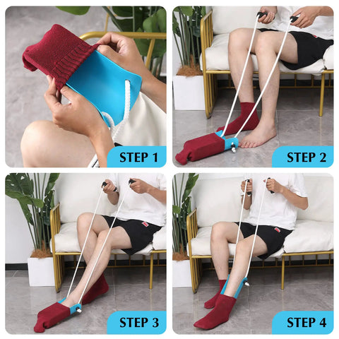 Wide 3.93 Inch Sock Aid With Foam Handles For Easy On Off Regular Socks Dress Socks Athletic Socks And Calf Socks Senior Friendly Grab And Go Sock Helper For Elderly People Blue, step-by-step use