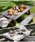 Top image shows Picnic Table Cover With Bench Covers Built In Storage Bag No Mess Spill Proof Waterproof on an outdoor table.