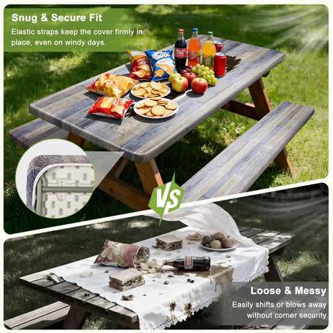 Top image shows Picnic Table Cover With Bench Covers Built In Storage Bag No Mess Spill Proof Waterproof on an outdoor table.