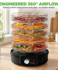 Nutrichef Electric Countertop Food Dehydrator With Professional Multi-Tier Food Preserver To Dehydrate Fish Beef Jerky Meats Mushrooms Fruits And Vegetables Featuring 5 Stackable Trays For Easy Cleaning And Maintenance with fruits and veggies on display