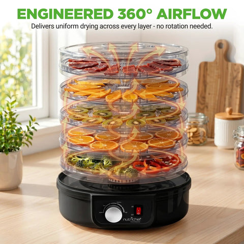 Nutrichef Electric Countertop Food Dehydrator With Professional Multi-Tier Food Preserver To Dehydrate Fish Beef Jerky Meats Mushrooms Fruits And Vegetables Featuring 5 Stackable Trays For Easy Cleaning And Maintenance with fruits and veggies on display