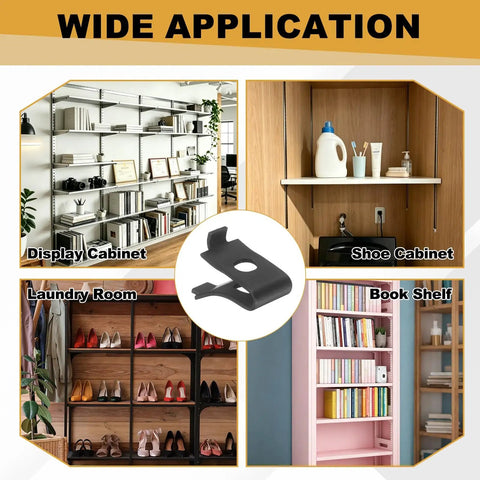 Heavy Duty Aluminum Shelf Bracket Clips 50 Piece Set For Adjustable Shelves In Kitchen Cabinets And Bookcases Silver Finish Sweet For DIY Shelf Setups And Reliable Support shown in various uses including display cabinet, shoe cabinet, laundry room, and bookshelf.
