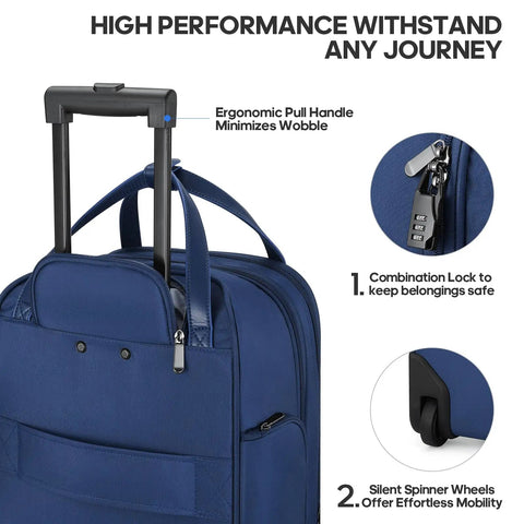 Blue Underseat 16-Inch Carry-On Luggage With Wheels, ergonomic handle and combination lock detail, zipper shown