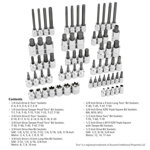66-Piece Master Torx and Specialty Bit Socket Set with S2 Steel Bits and Chrome Vanadium Socket Bodies on display.