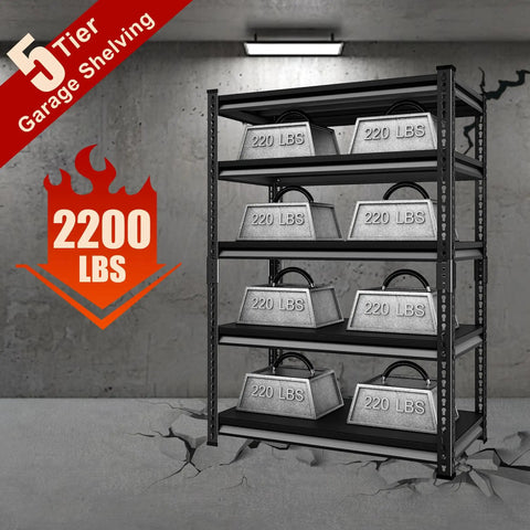 Beefy Heavy Duty Garage Shelving Unit 5 Tier Steel Shelves With 2200 Lbs Capacity 40 Inch Wide By 18 Inch Deep By 72 Inch High Black Storage Racks For Basements Workshops And Tool Organization showcasing strength with weights.