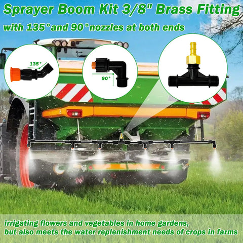 Four Nozzle Sprayer Boom Kit With Three Eighths Inch Brass Fitting mounted on tractor with 135° and 90° nozzles