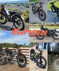 Kickass Dual Motor Electric Bike For Adults Hitting 50 Mph Top Speed With 250 Mile Long Range showcased in various outdoor settings.