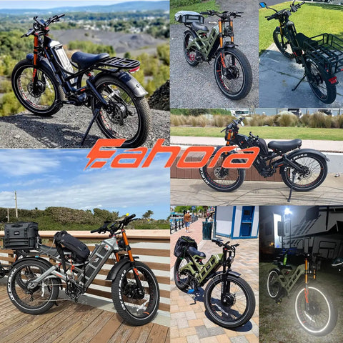 Kickass Dual Motor Electric Bike For Adults Hitting 50 Mph Top Speed With 250 Mile Long Range showcased in various outdoor settings.