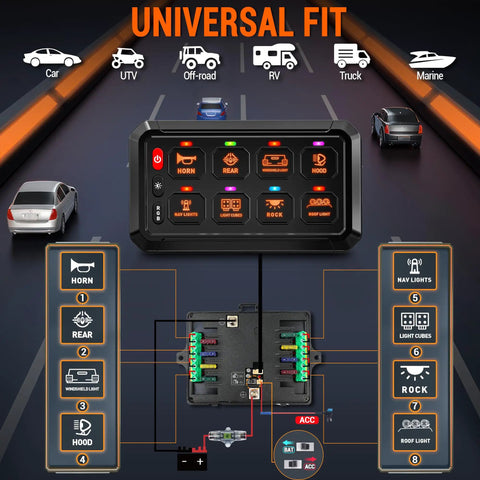 8 Gang Switch Panel With Universal Circuit Control Relay System diagram for car, boat, marine, and pickup truck usage.