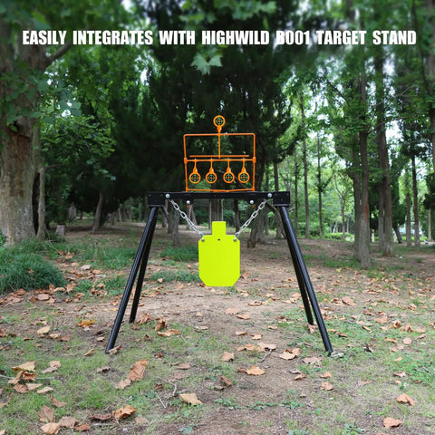 Auto Reset Steel Target For.22 Caliber Rimfire Handguns And Rifles Neon Orange on stand in forest setting