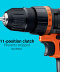 Close-up of 20V Cordless Drill Driver Kit with 11-position clutch detail showing prevents stripped screws feature, black and orange design.