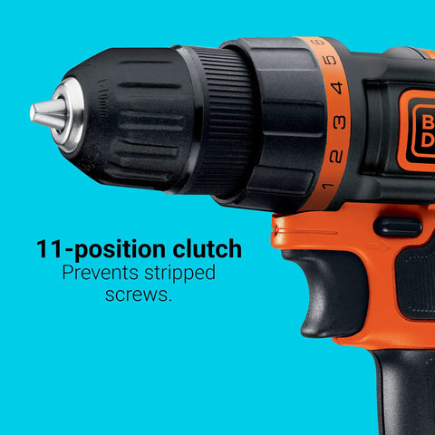 Close-up of 20V Cordless Drill Driver Kit with 11-position clutch detail showing prevents stripped screws feature, black and orange design.
