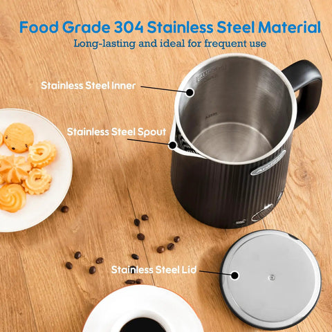 1.7L Large Electric Kettle With Temperature Control, 7 Cup Capacity, stainless steel inner, lid, and spout, black, on table