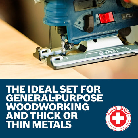 10 Piece T Shank Jig Saw Blade Set For Wood And Metal in use for woodworking, highlighting versatility for various materials.