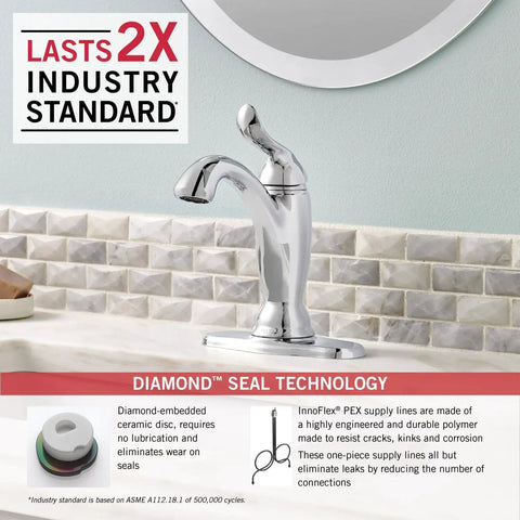 Single Hole Bathroom Faucet With Single Handle Diamond Seal Technology For Fewer Leaks Lifetime Limited Warranty Two Times Longer Lasting InnoFlex PEX Supply Lines Included Easy Install And Modern Look on a bathroom sink with Diamond Seal info detail