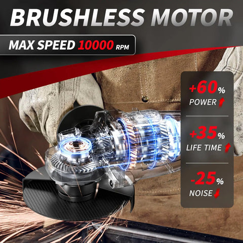 Cordless Angle Grinder Four And A Half Inch Beast Brushless Metal Grinder with 12000 RPM being used for grinding metal.