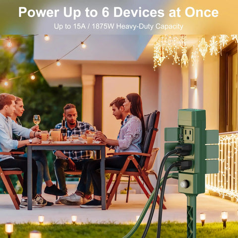 Dang Tough Outdoor Power Stake Timer With 25 Foot Hella Waterproof Extension Cord, Photocell Dusk To Dawn Sensor, Six Grounded Outlets For String Lights And Outdoor Gatherings in use powering six devices at an outdoor gathering.