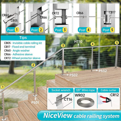 Diagram showing NiceView cable railing system components, including Cable Railing Post 36 Inch Square 2x2 Brushed Finish Top Mount.
