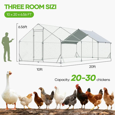 Diagram of Large Metal Chicken Coop Walk In Runs 10x20 Feet With Cover For 30 Chickens Hen House Enclosure With Security Lock Outdoor Poultry Pen