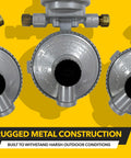 Front view of three metal RV propane regulators with dual-tank auto-changeover fittings