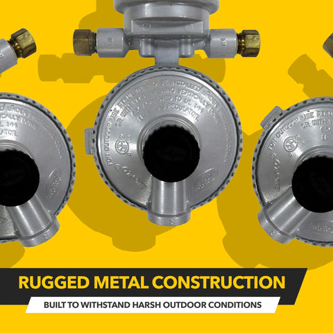 Front view of three metal RV propane regulators with dual-tank auto-changeover fittings