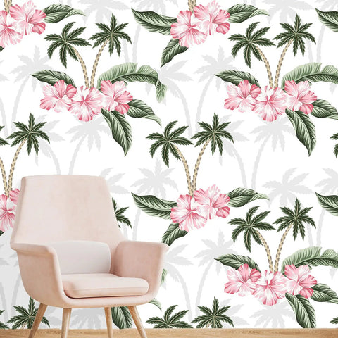 Tropical Palm Leaf Dope Easy Peel and Stick Wallpaper Waterproof Pink Floral Contact Paper Removable Botanical Plant Wall Decor for Bathroom Bedroom Cabinets Seventeen and a Half by 394 Inches Easy Install wallpaper with pink hibiscus and palm design.