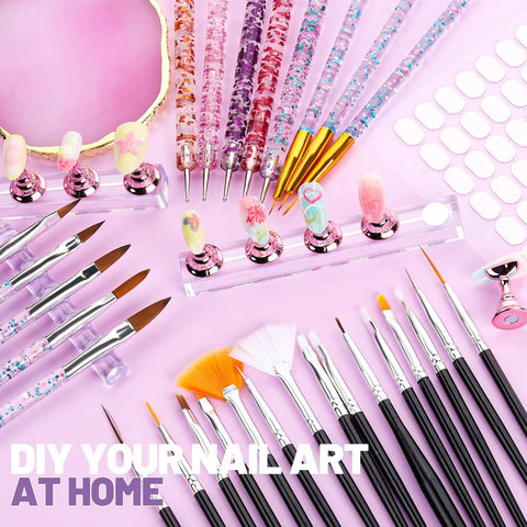 All-In-One Nail Art Tools Kit With 23 Pcs Brushes 5 Dotting Tools 2 Magnetic Nail Stands 100 Double-Sided Adhesive Tabs