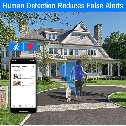 2K HDR Wireless Doorbell Camera With Rechargeable Battery installed at home, showing motion detection reducing false alerts