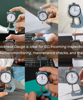 Thickness Gauge 0-20mm With Flat Tip Dial Indicator, 0.1mm Accuracy, Rugged Metal Build, White Dial With Clear Graduations, Handy For DIY Projects, Shop Work, And Metalworking Measurements in use
