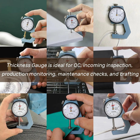 Thickness Gauge 0-20mm With Flat Tip Dial Indicator, 0.1mm Accuracy, Rugged Metal Build, White Dial With Clear Graduations, Handy For DIY Projects, Shop Work, And Metalworking Measurements in use