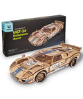 Endurance Racer 3D Wooden Puzzle Kit for Adults, DIY Mechanical Car Model With Realistic Transmission, Pistons, Suspension, and Radiator Fan, Wood Sports Car Brain Teaser and Epic Hobby Gift, box and assembled car