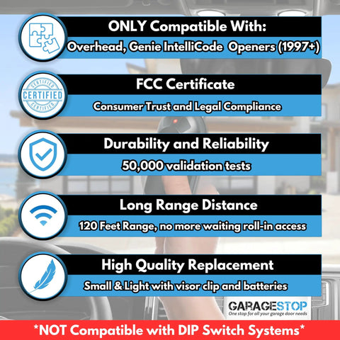 Image displaying features of 2X Pack Intellicode Type 1 Button Remote Replacement GIT1 390MHz For ACSCTG Compatible With Overhead Door Openers
