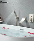 Wall Mounted Tub Filler Faucet With Hand Shower In Brushed Nickel, modern spa tap over bathtub with rose petals