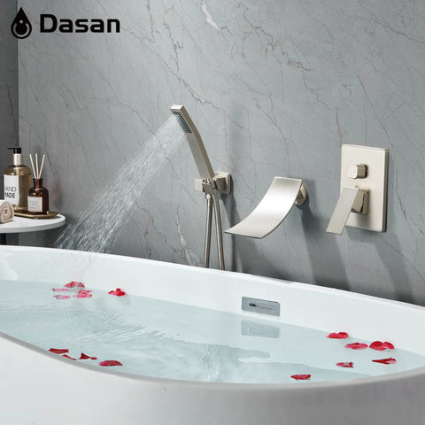 Wall Mounted Tub Filler Faucet With Hand Shower In Brushed Nickel, modern spa tap over bathtub with rose petals