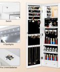 Full-Length Mirror Jewelry Cabinet With LED Interior Lights, Wall Or Door Mounted Armoire, White Jewelry Organizer open view