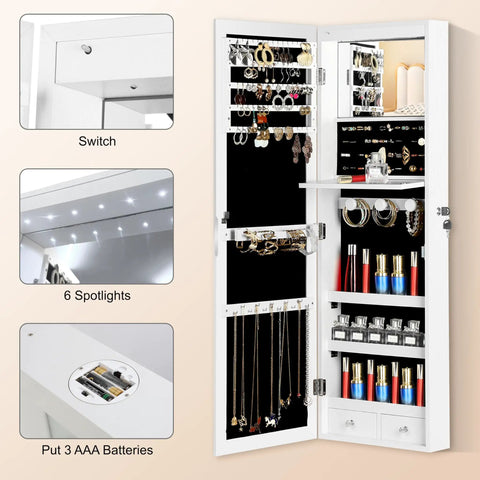Full-Length Mirror Jewelry Cabinet With LED Interior Lights, Wall Or Door Mounted Armoire, White Jewelry Organizer open view