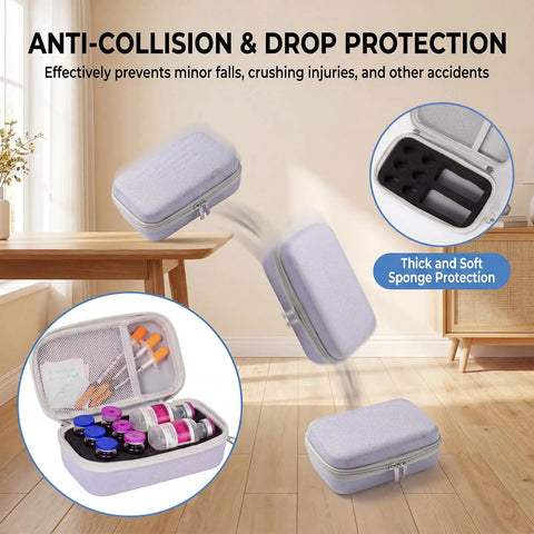 Purple Peptide Case For Fridge And Travel With EVA Vial Organizer in use, showing anti-collision protection and vial storage.