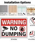 No Nonsense Heavy Duty No Dumping Signs 2 Pack with installation options including screws, nails, zip ties, and wire.