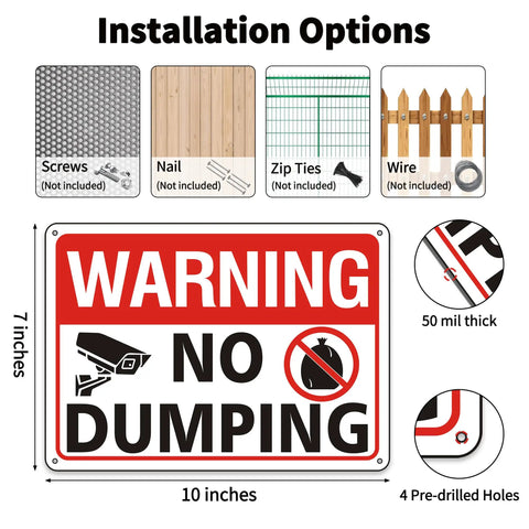 No Nonsense Heavy Duty No Dumping Signs 2 Pack with installation options including screws, nails, zip ties, and wire.