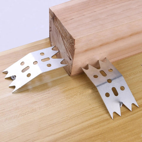 Six Piece Slab Clamping Dogs Set For Woodworking, Bench Dogs Router Sled For CNC And Panel Processing, shown securing wood on a bench