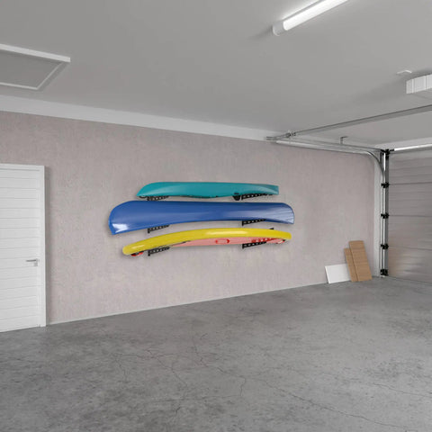 Heavy Duty Wall Mount Kayak Rack For Garage And Outdoor Storage Steel Shelf For Kayaks Stand Up Paddleboards Canoes Surfboards 150 Lb Capacity Horizontal Wall Rack Made In USA mounted in garage with kayaks