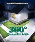 Night view of a house with Solar Motion Flood Lights Outdoor 4000LM 236 LED 5 Head Security Wall Lights illuminating driveway.