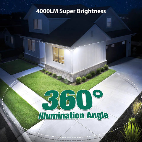 Night view of a house with Solar Motion Flood Lights Outdoor 4000LM 236 LED 5 Head Security Wall Lights illuminating driveway.