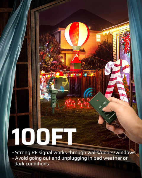 Rugged-as-Nails Outdoor Power Stake Timer with Six Heavy-Gauge Outlets, Wireless Remote Control shown from a window with outdoor decorations.