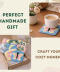Punch Needle Kit For Beginners And Adults All In One Diy Embroidery Set with coasters and coffee cup on wooden table