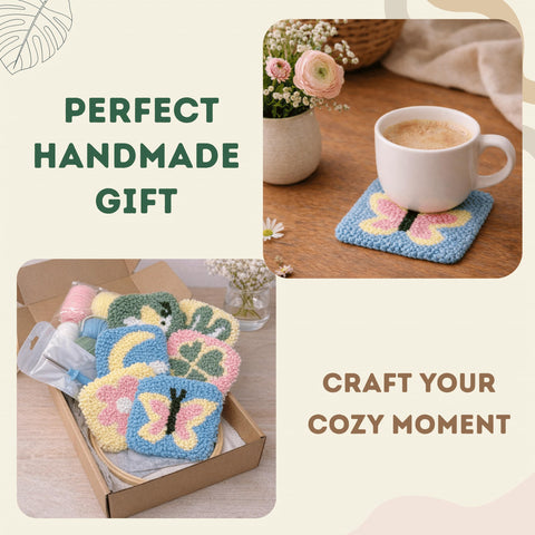 Punch Needle Kit For Beginners And Adults All In One Diy Embroidery Set with coasters and coffee cup on wooden table