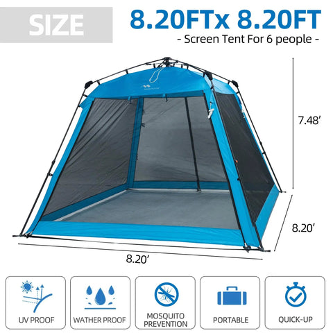 Instant Pop Up Screen House Gazebo 8.2 By 8.2 By 75 Inches Portable Canopy With Mosquito Netting And UPF Sun Protection tool-free setup.