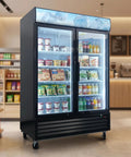 Heavy Duty Commercial Reach In Display Freezer With Two Swing Tempered Glass Doors Black 44 Point 7 Cubic Feet And Digital Controller in a retail setting.